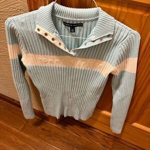 (NWOT) vtg Tommy Hilfiger powder blue and white half button up sweater size M